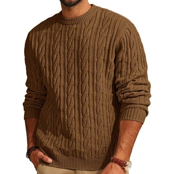 Mens Brown Crewneck Cable Knit Pullover Sweater Casual Twist - Picture 5 of 7